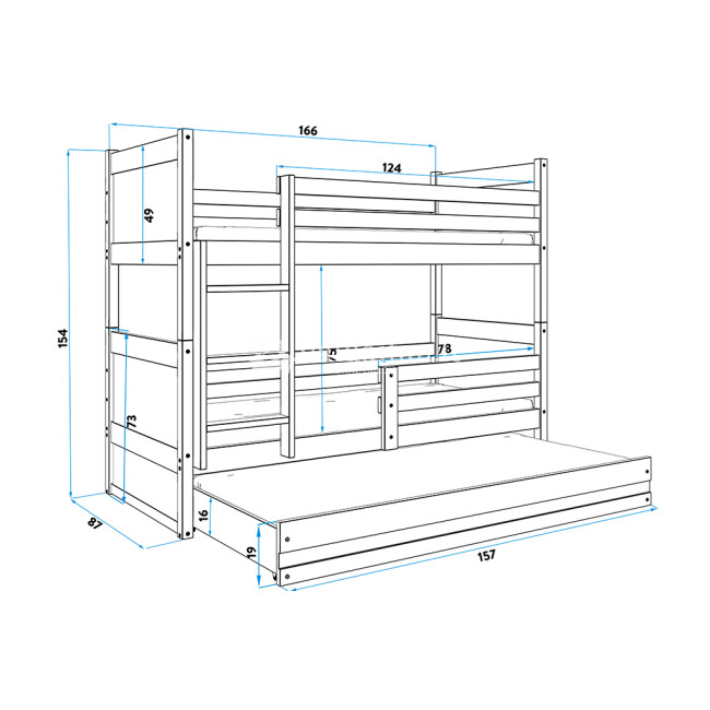 Dviaukštė trivietė lova RICO  Pušis-balta