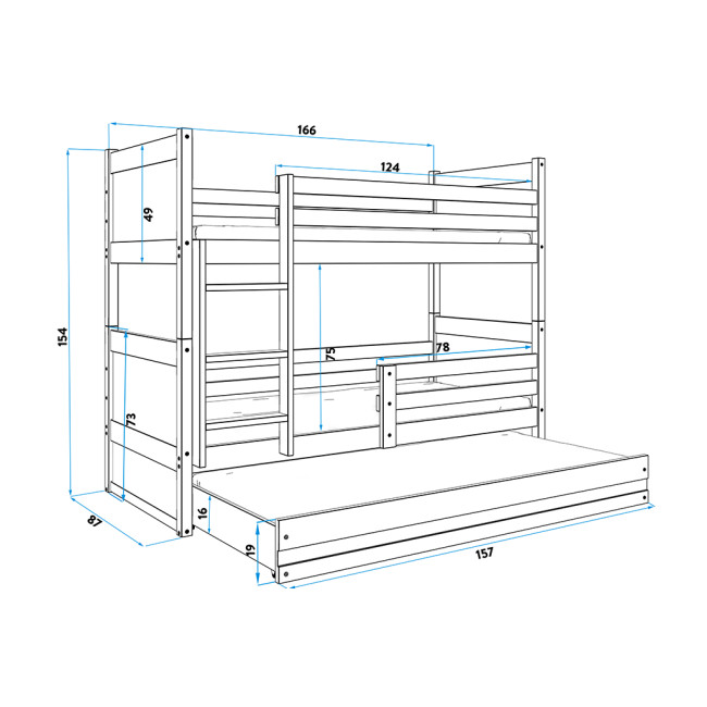 Dviaukštė trivietė lova RICO  Pušis-balta